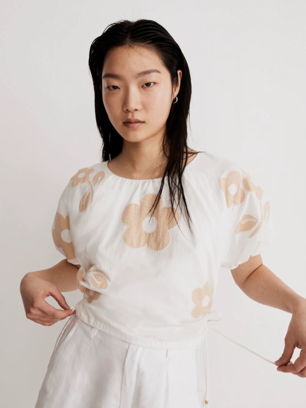Madewell Embroidered Poplin Puff-Sleeve Cutout Crop Top